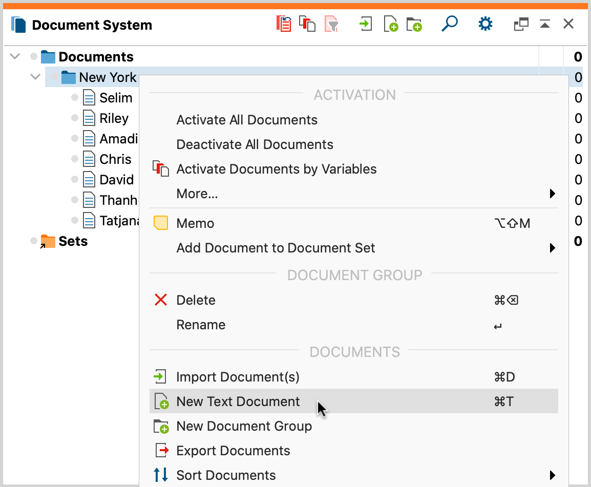 Creating a new document via the context menu of a document group Creating a new document via the context menu of a document group