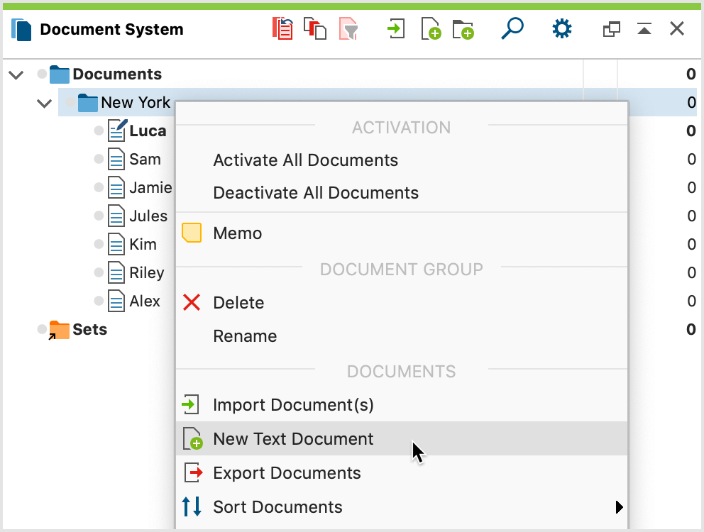 Creating a new document via the context menu of a document group Creating a new document via the context menu of a document group