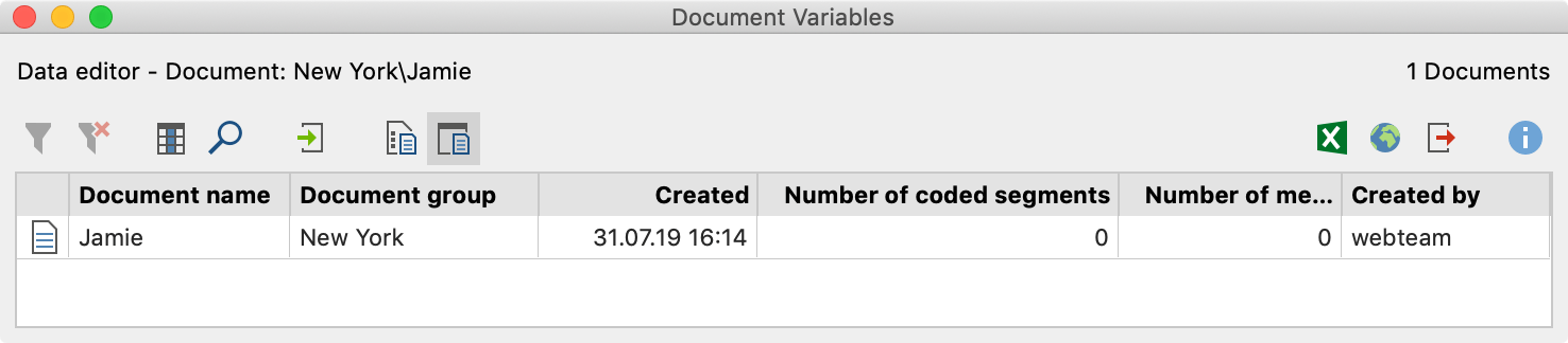Overview of Variables for a newly imported document “Overview of variables” for a newly imported document
