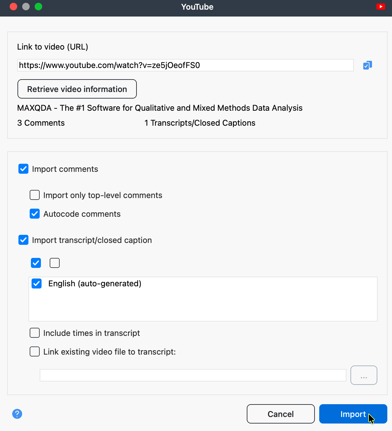 Dialog box for importing YoutTube data Dialog box for importing YoutTube data