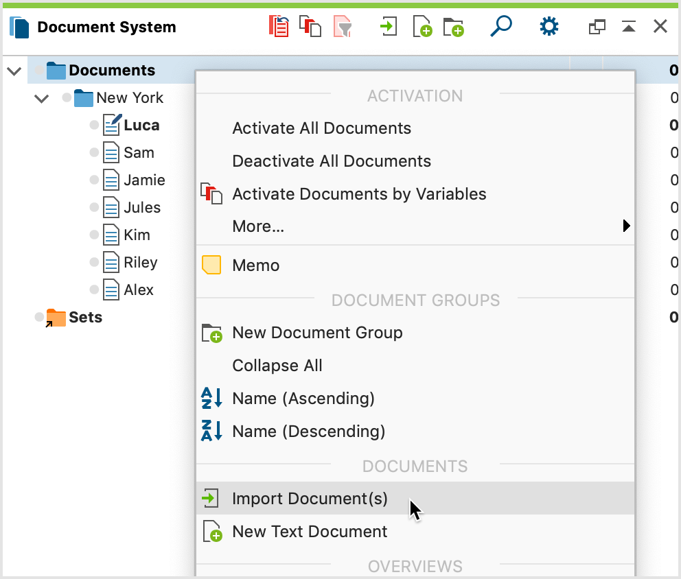 Import documents via the context menu in the document group Import documents via the context menu in the document group