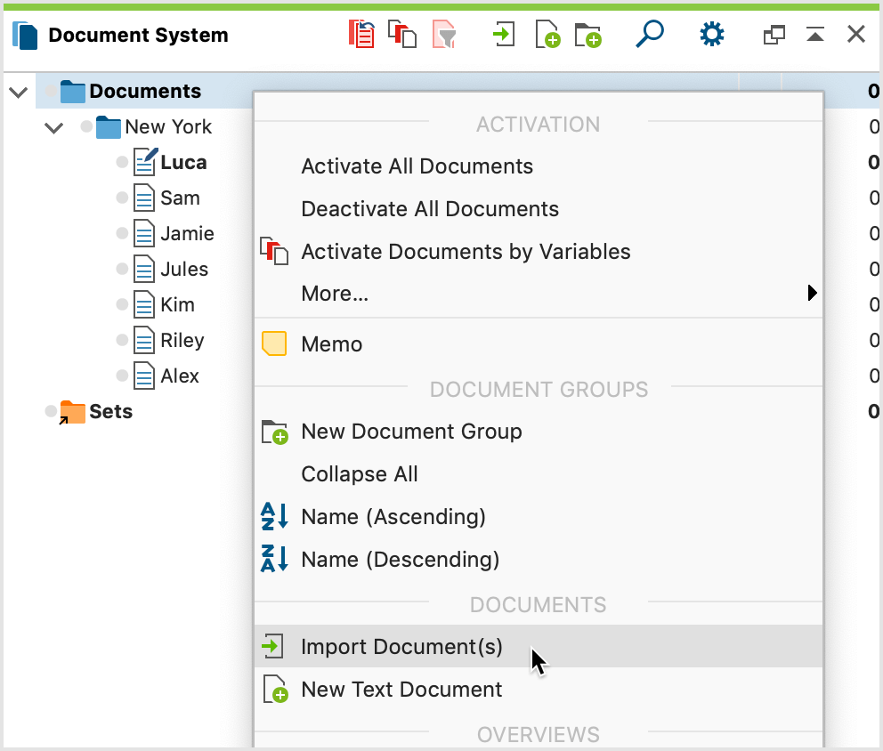 Import documents via the context menu in the document group