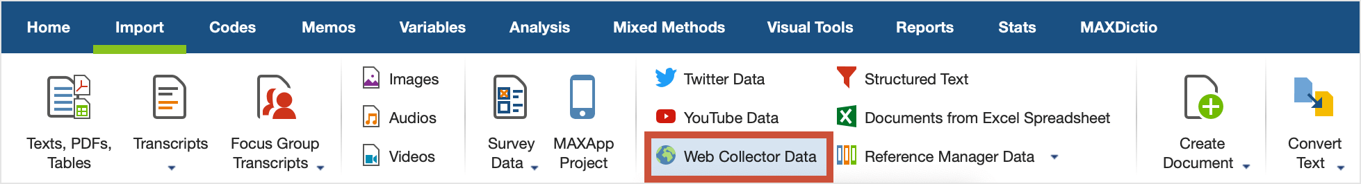 Import Web Collector data from the Import tab