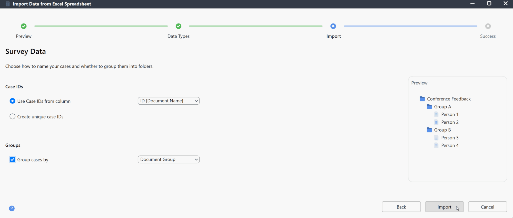 Step 3: Set Case IDs and Groups Screenshot of MAXQDA import dialog where users select case IDs from a column and group cases by document group, with preview on the right.