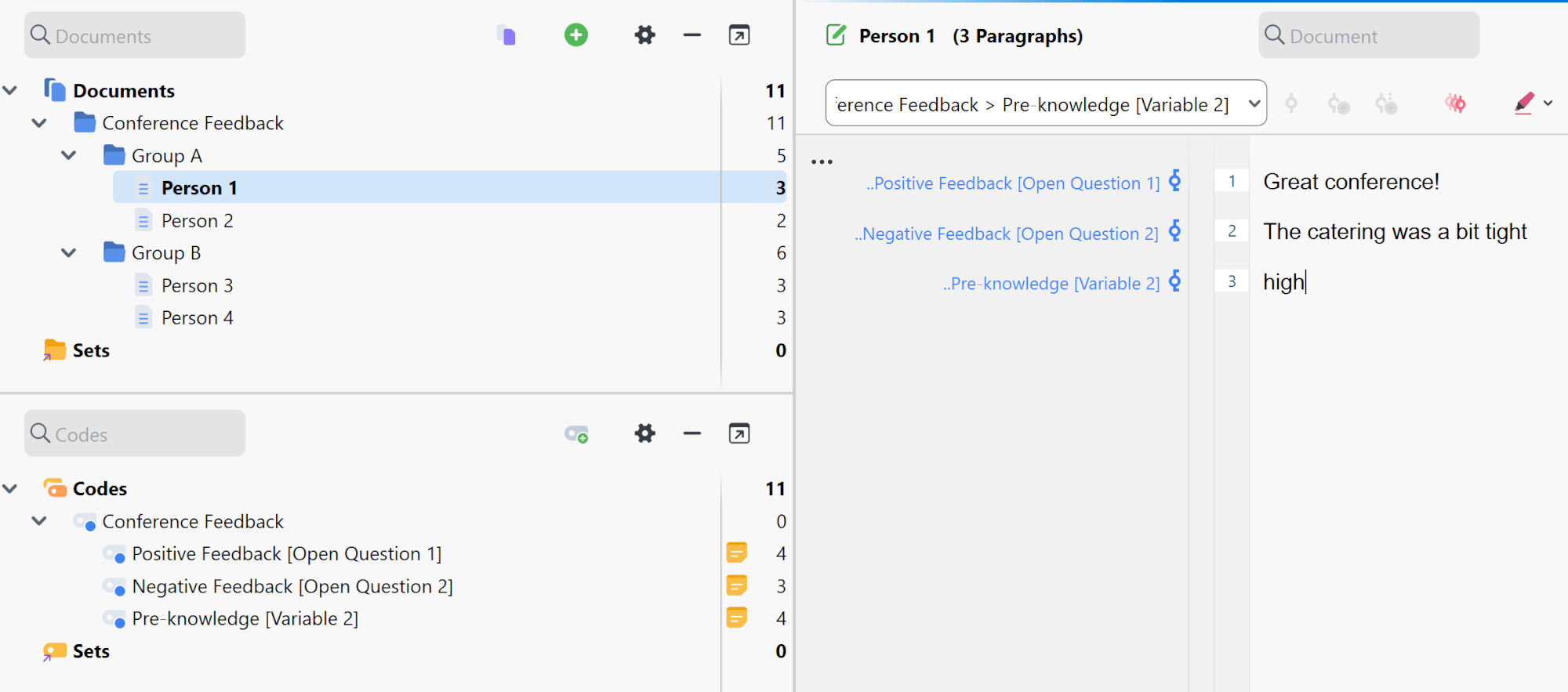 Imported Survey Data in the Document System Screenshot of MAXQDA displaying imported survey responses under the Document System, grouped by Group A and Group B.