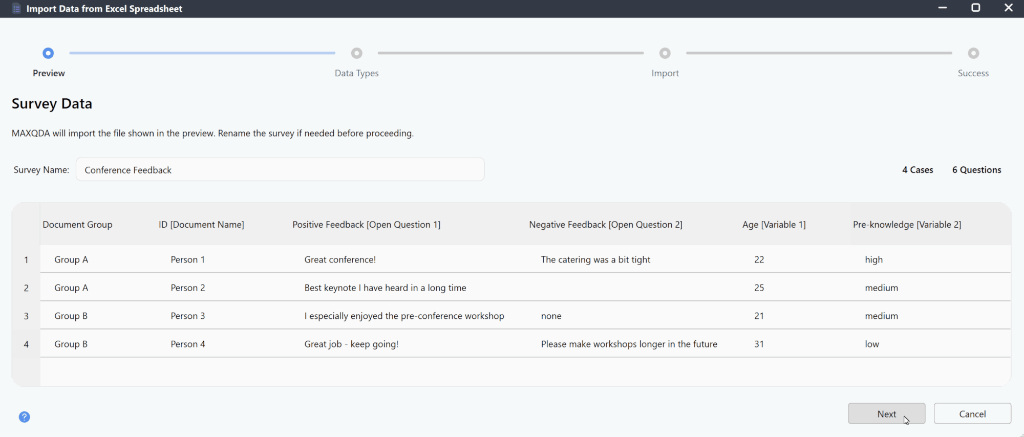 Step 1: Preview Survey Data Example screenshot of MAXQDA data preview step during survey data import