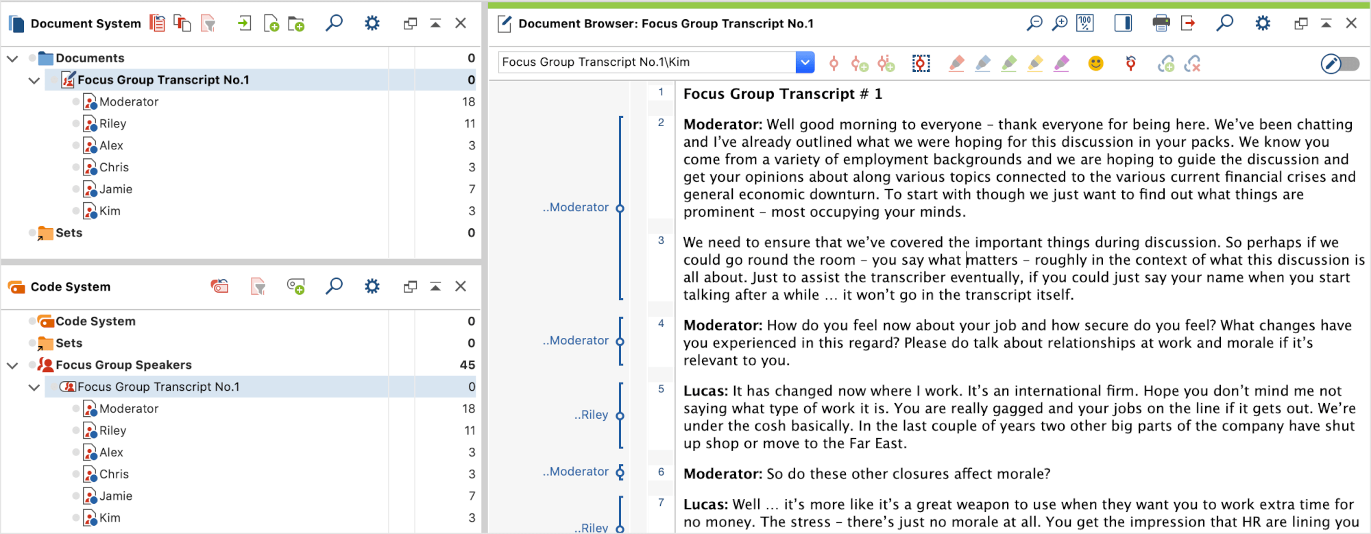 MAXQDA view after importing a focus group transcript MAXQDA view after importing a focus group transcript