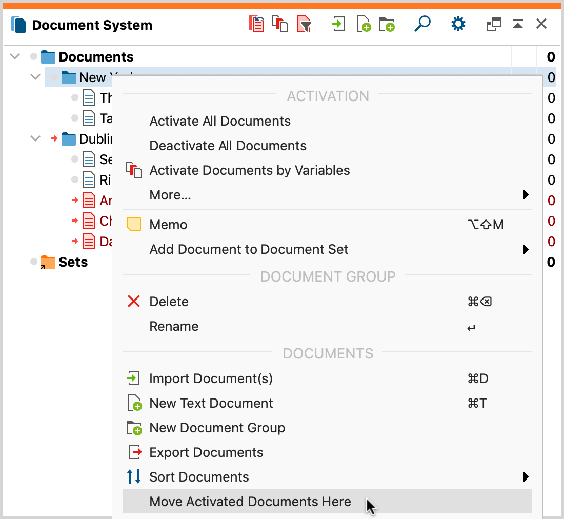 Move all activated documents to a document group at once