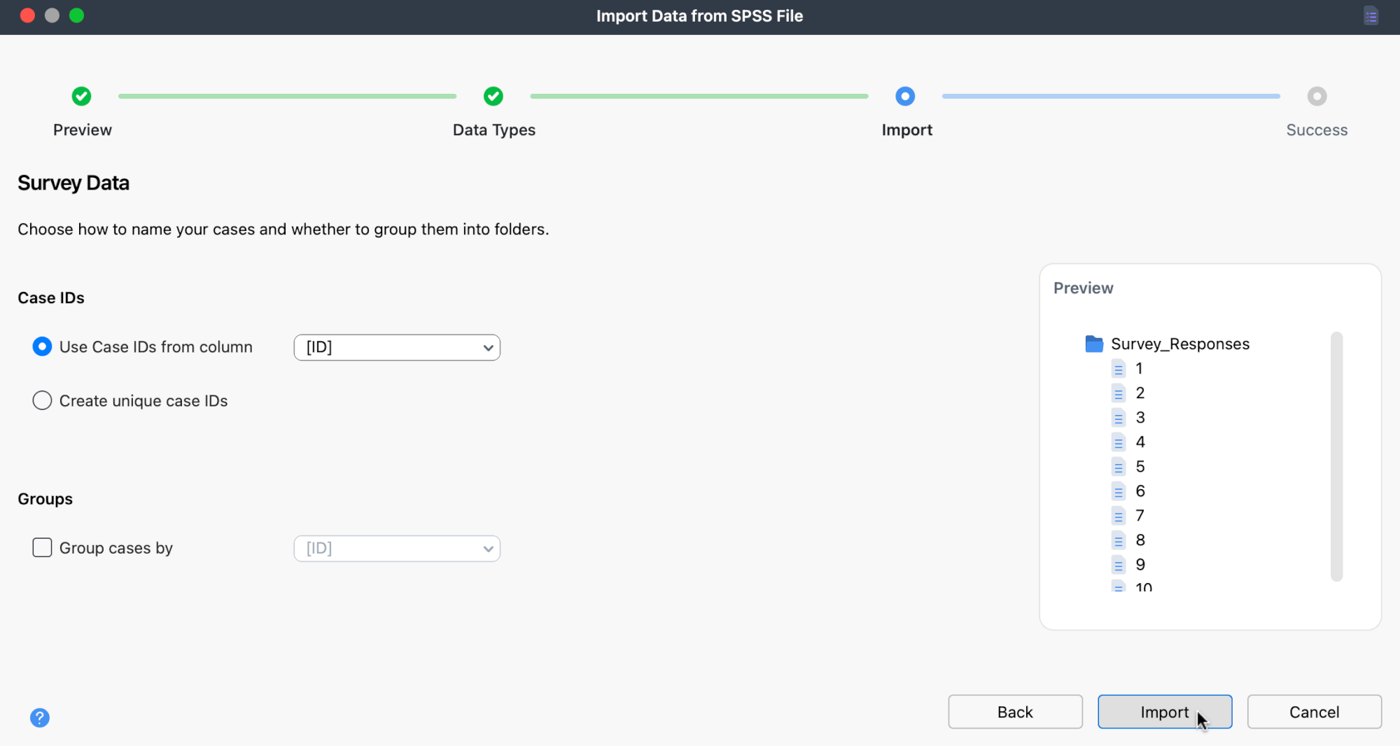 MAXQDA import window showing survey data settings for case IDs and groups, including preview of case documents in the project structure.