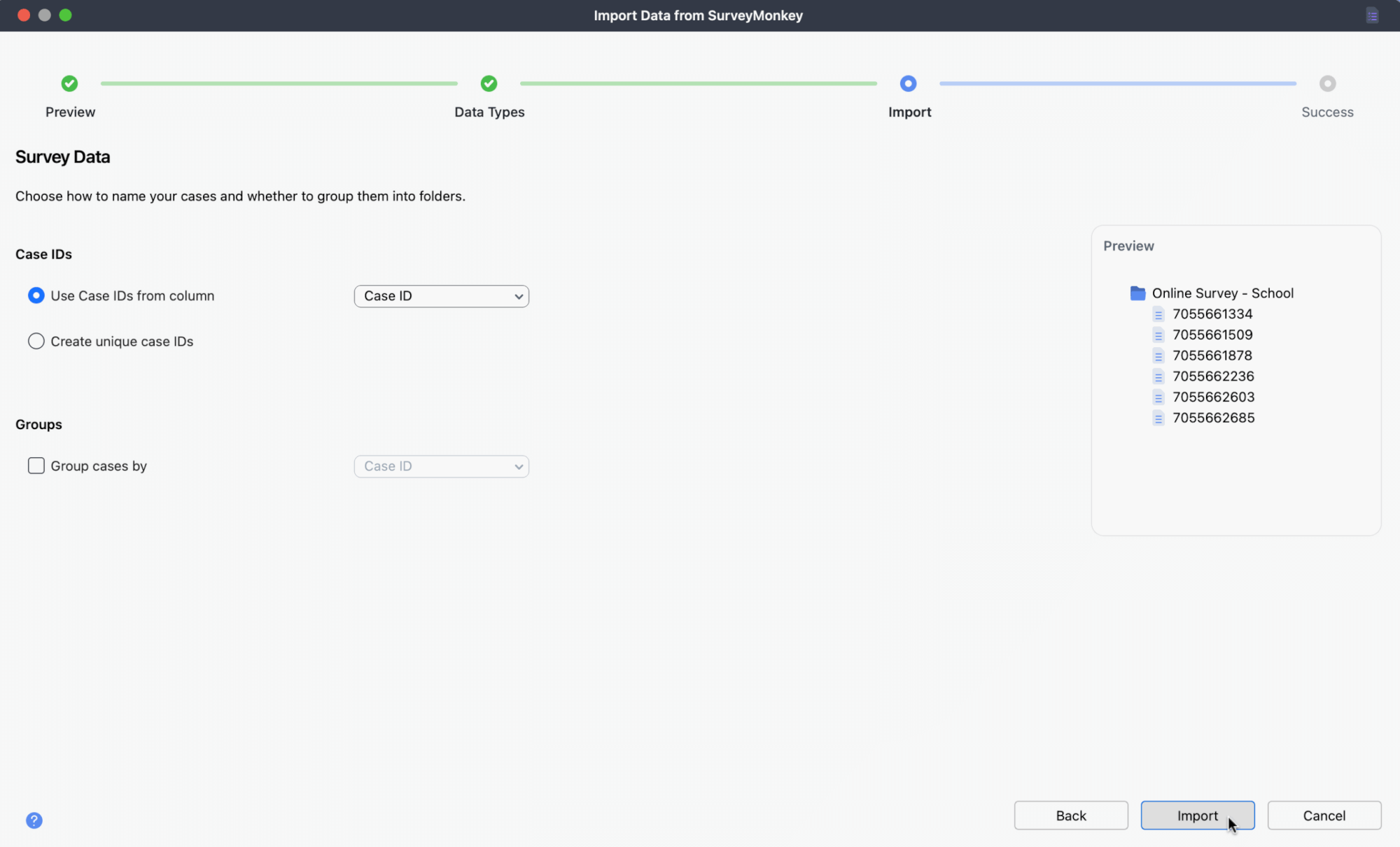 Define Case IDs and Groups in MAXQDA Screenshot of MAXQDA dialog for defining case IDs and grouping survey cases