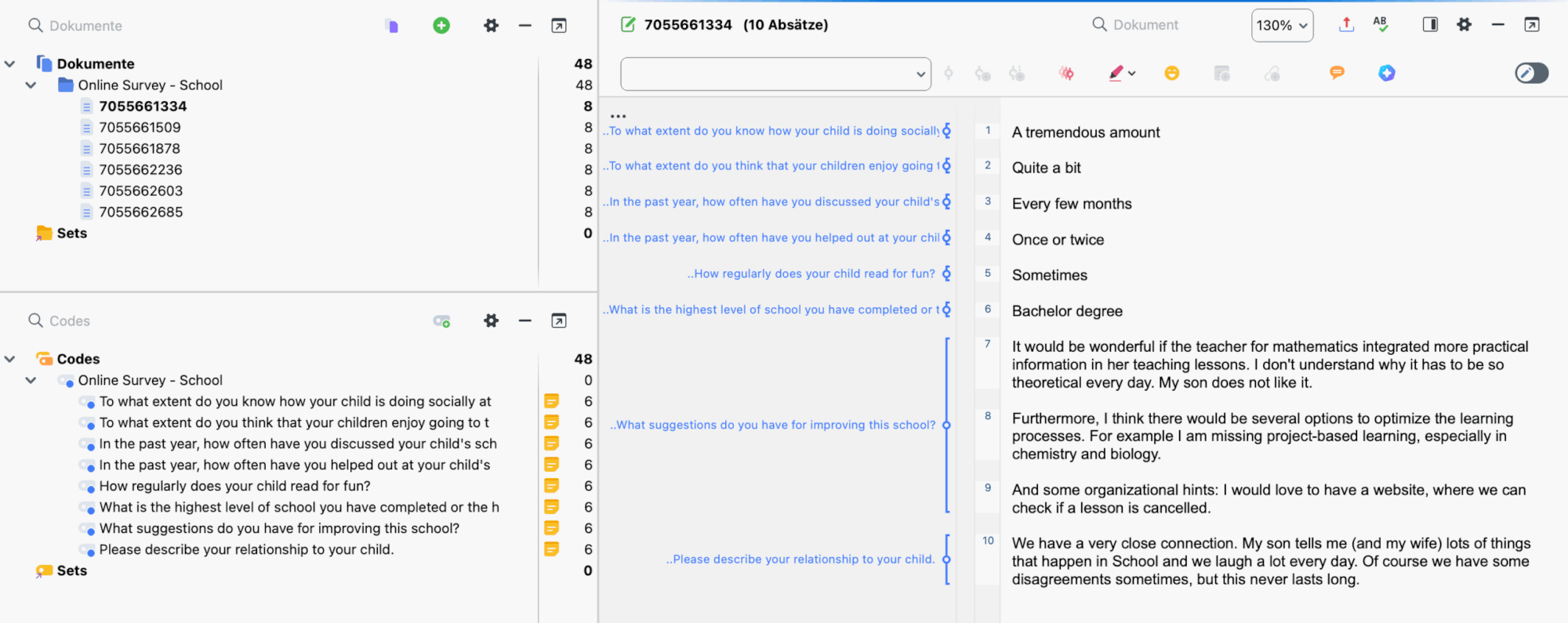 Imported SurveyMonkey Data in the Document System Screenshot of MAXQDA Document System displaying imported SurveyMonkey responses, grouped by survey