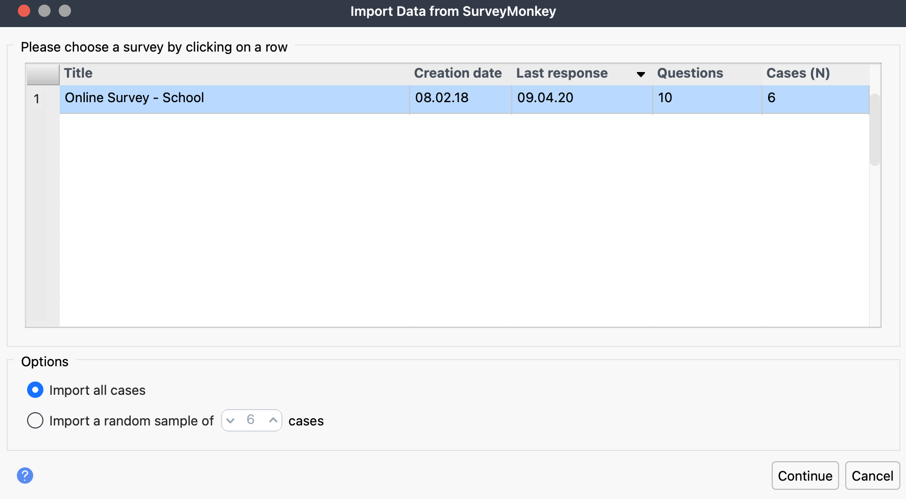 Select Survey dialog in MAXQDA Screenshot of MAXQDA dialog listing available SurveyMonkey surveys to import