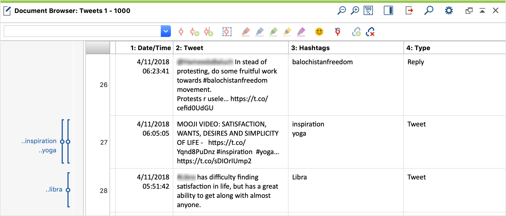 Table document with Twitter data in the Document Browser