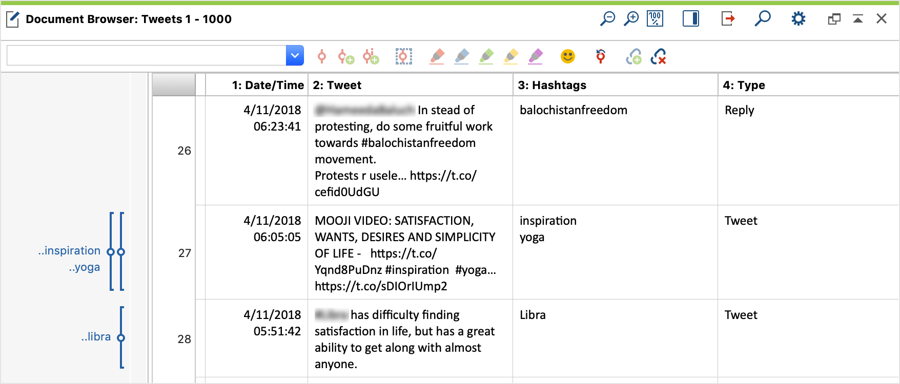 Table document with Twitter data in the Document Browser Table document with Twitter data in the Document Browser