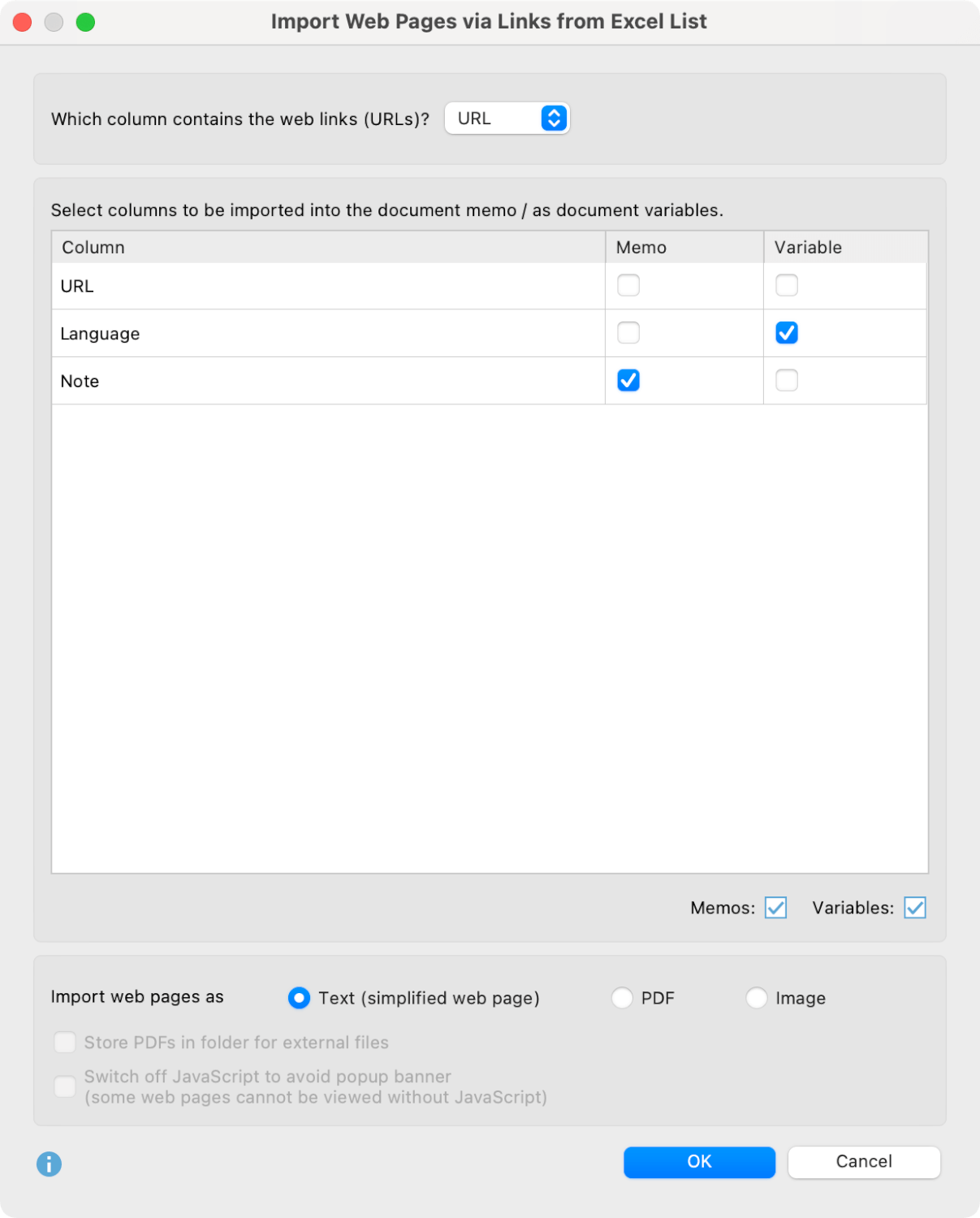 Dialog for importing multiple web pages via Excel list
