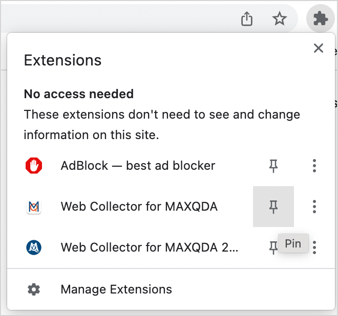 Pin Web Collector extension symbol to Google Chrome’s address bar