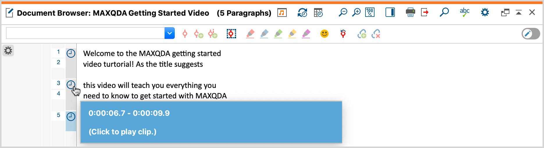 Imported SRT data in MAXQDA's “Document Browser“