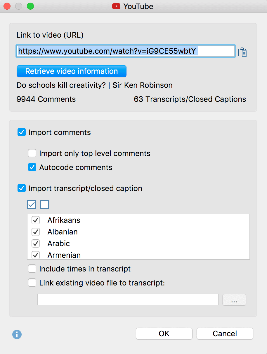 Dialog box for importing YoutTube data