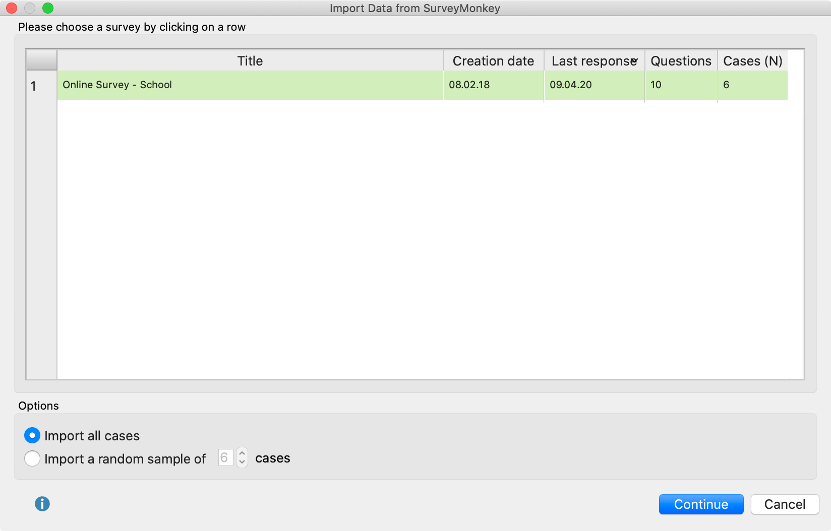 This dialog window allows you to select a survey you want to import 