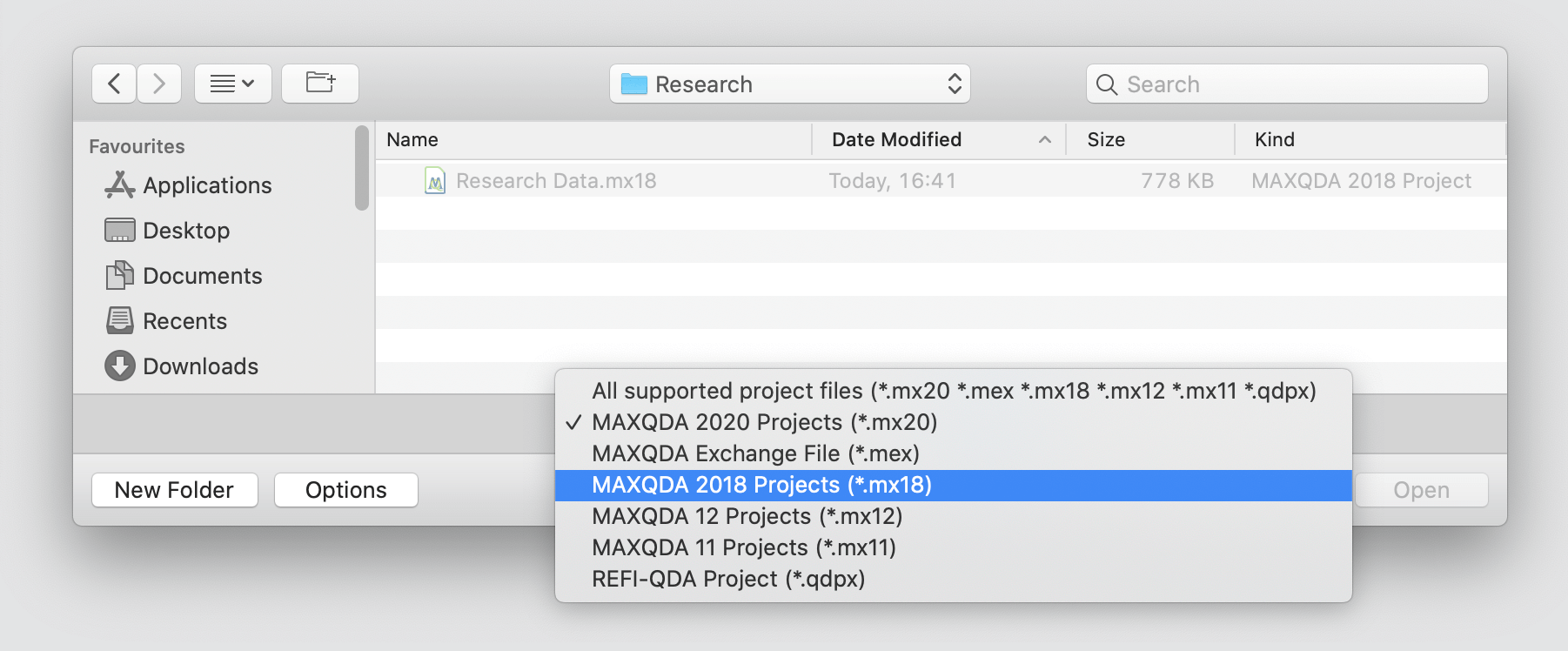 Select and open a project file that was created with an older version of MAXQDA