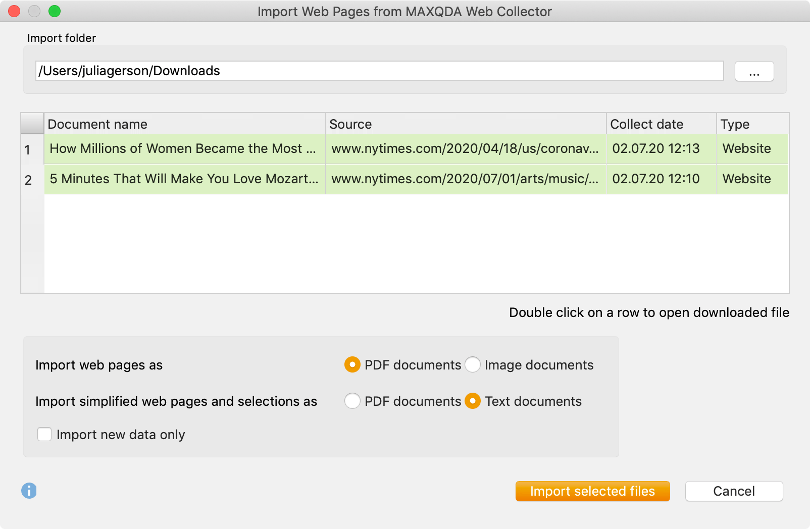 Dialog window for the import of documents that have been saved with the Web Collector Dialog window for the import of documents that have been saved with the Web Collector
