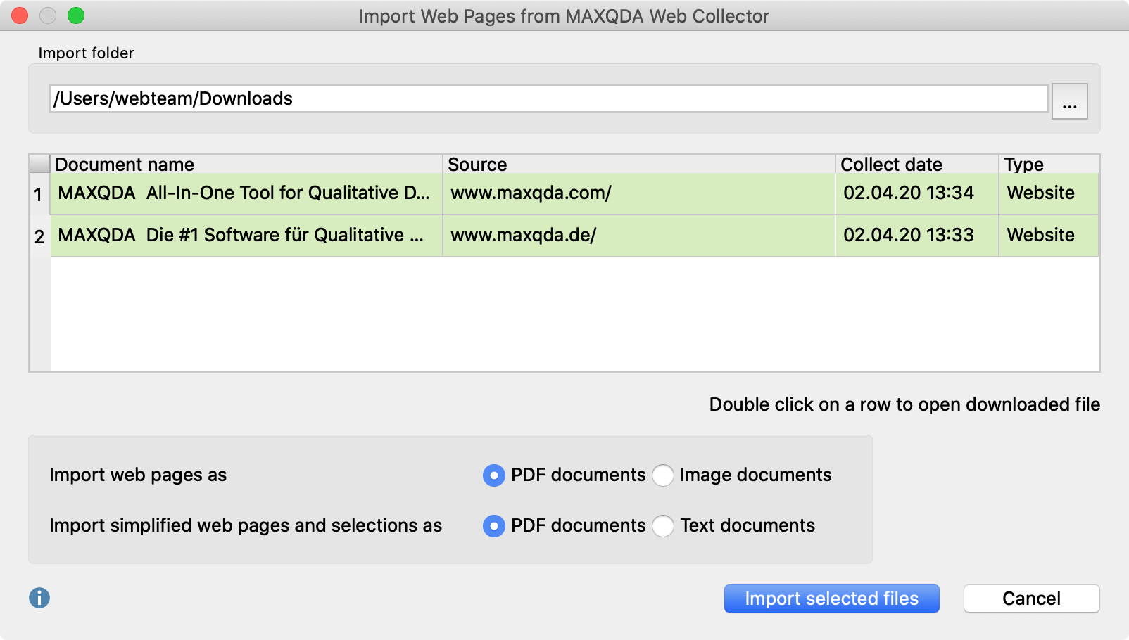 Dialog window for the import of documents that have been saved with the Web Collector Dialog window for the import of documents that have been saved with the Web Collector