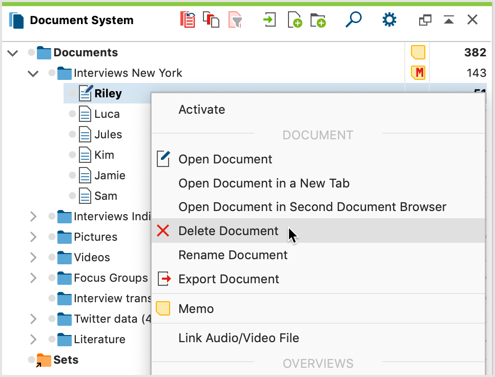 Context menu for a document Context menu for a document