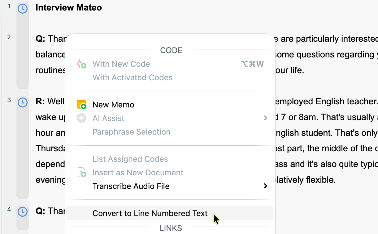 Screenshot of context menu with the option to convert paragraph numbered text to line numbered text