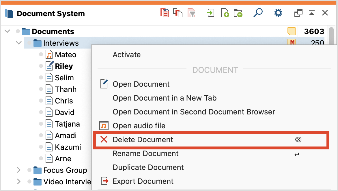 Context menu for a document Context menu for a document