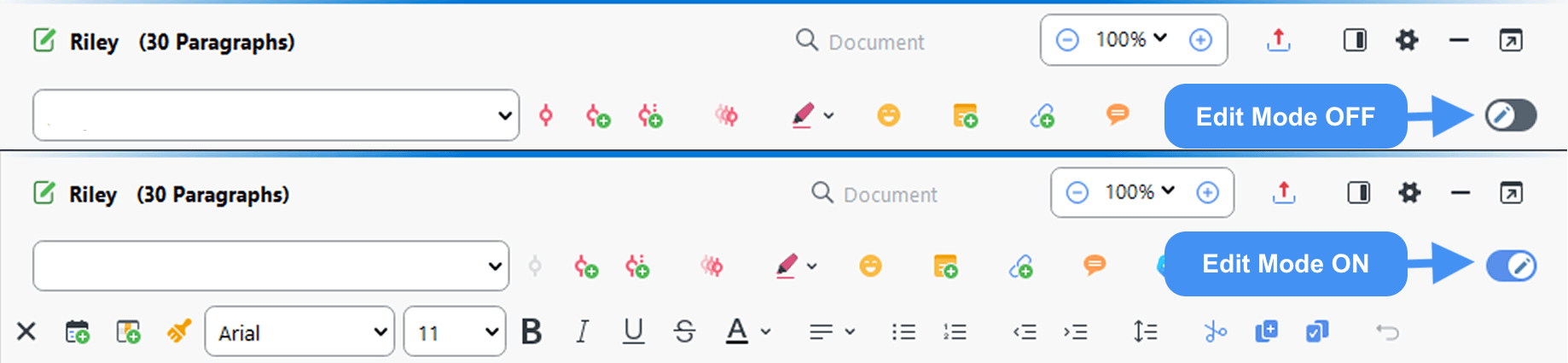 Image with Document Browser toolbar with Edit Mode turned off (top) and turned on (bottom)