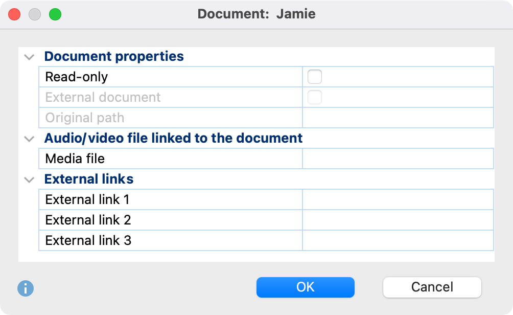 Document properties window Document properties window