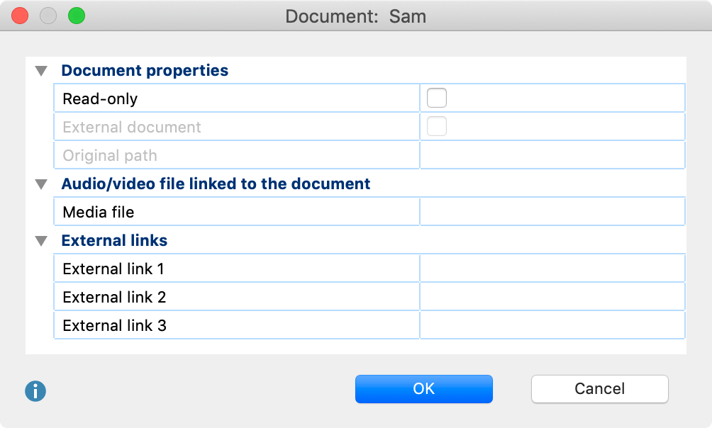 Document properties window Document properties window
