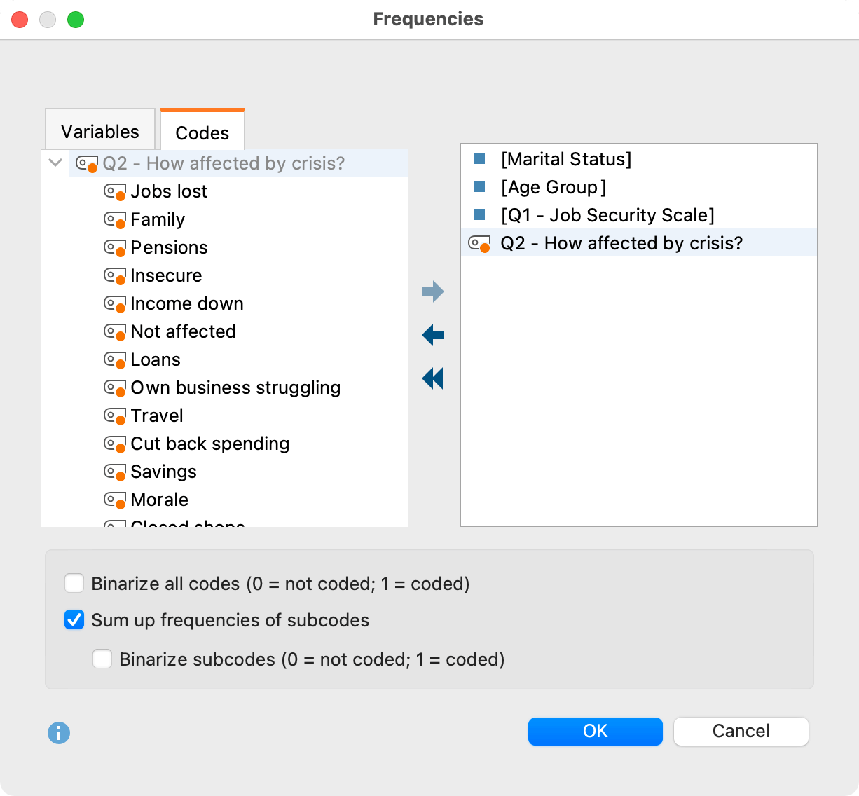Select codes for frequency analysis Select codes for frequency analysis