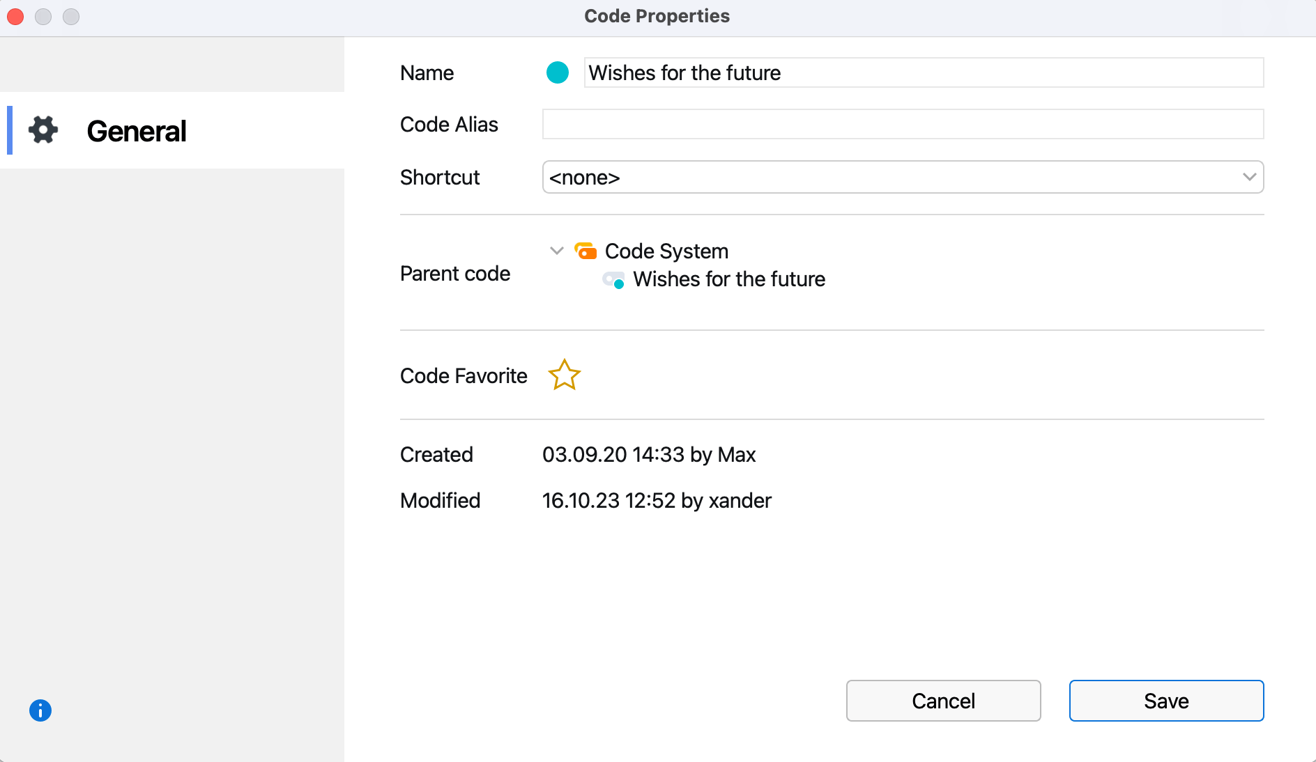 Code properties window Code properties window
