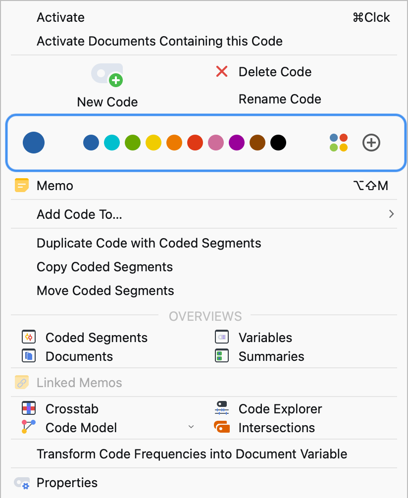 Select a code color in the context menu Select a code color in the context menu