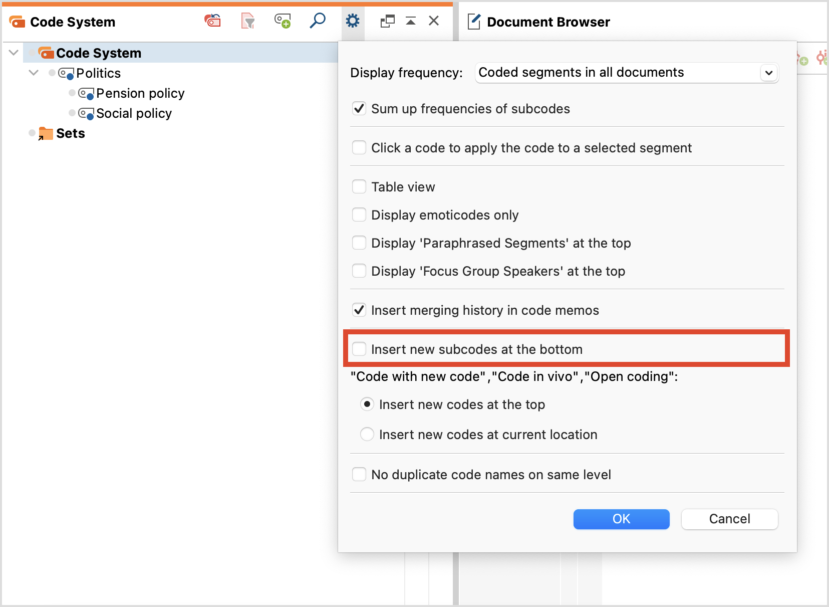 Settings for the “Code System” window
