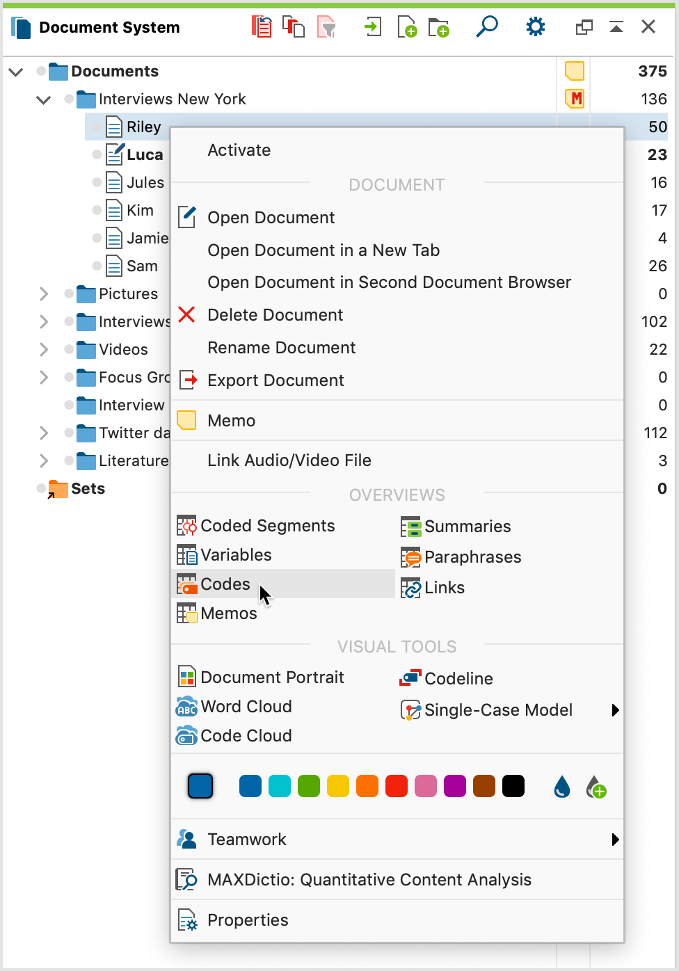 Open the Overview of Codes in the context menu of a Document Group