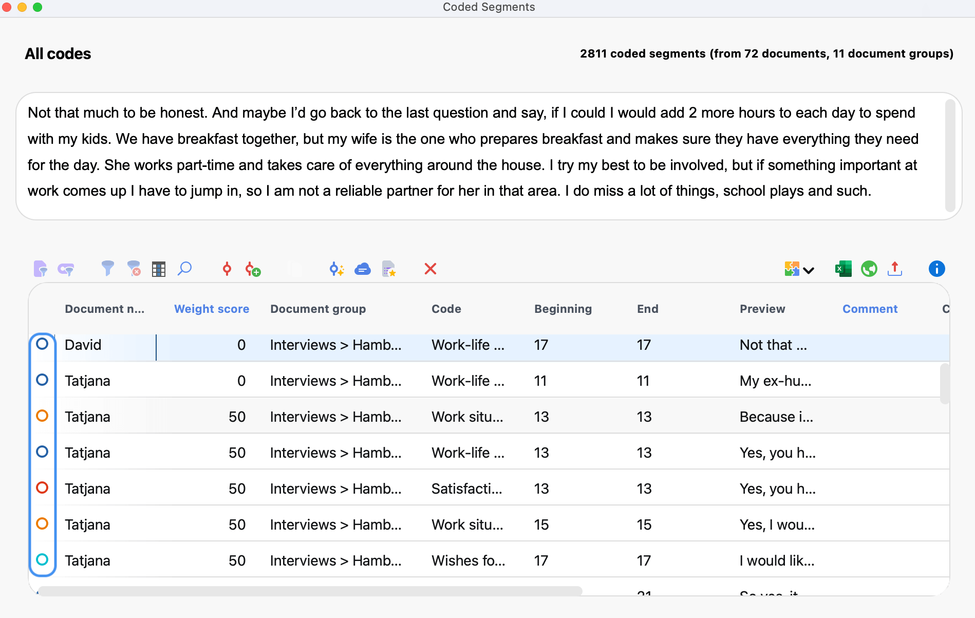 Color attributes in the "Overview of Coded Segments" window Color attributes in the "Overview of Coded Segments" window