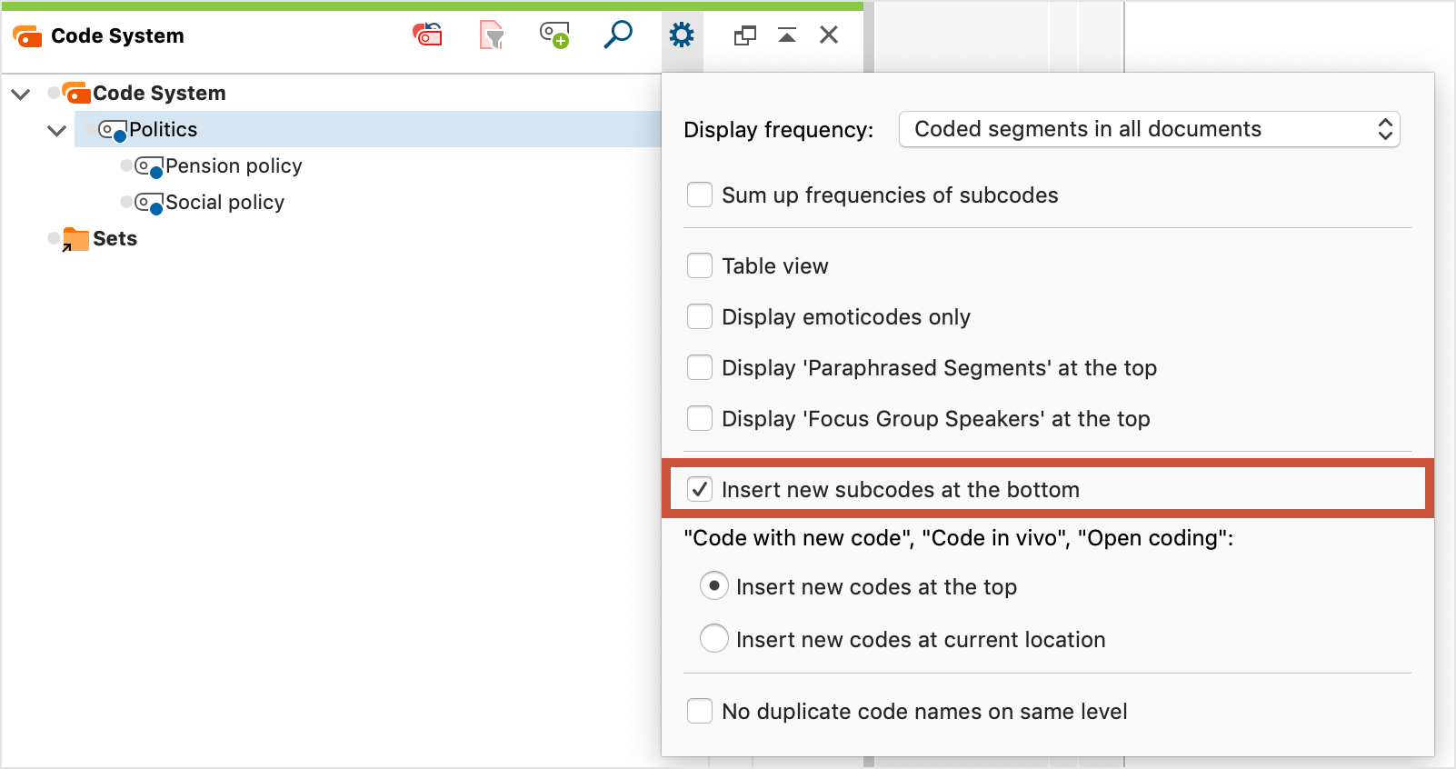 Settings for the “Code System” window