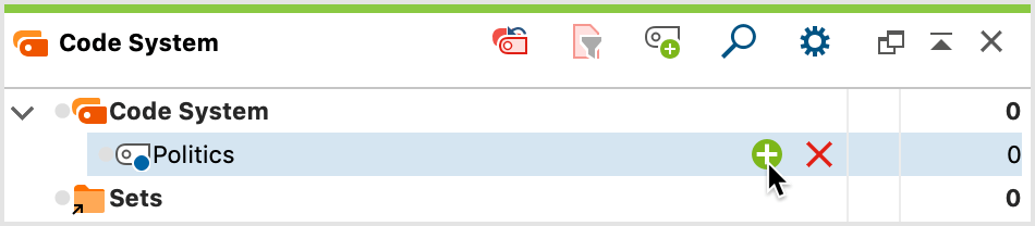 Creating a new subcode using the green plus sign at the parent code