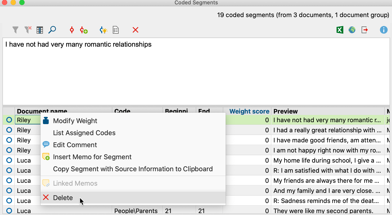 Deleting multiple coded segments in the “Overview of Codes“