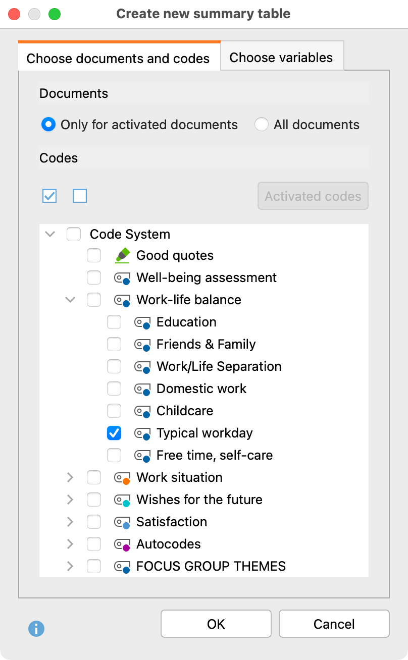 Dialog window to create a new Summary Table