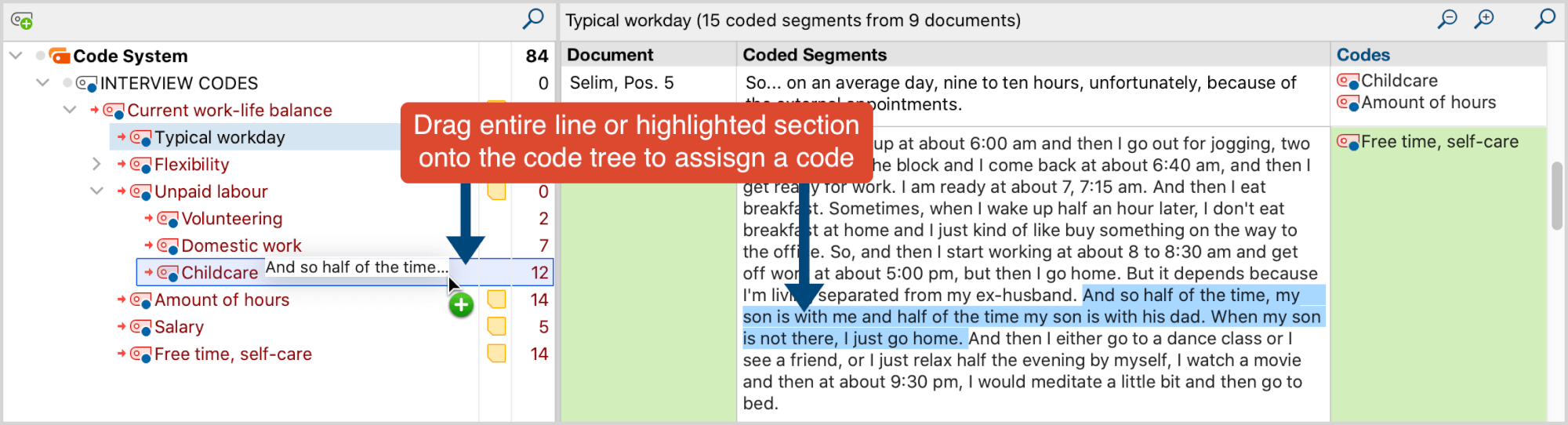 Assigning a code to a coded segment text.