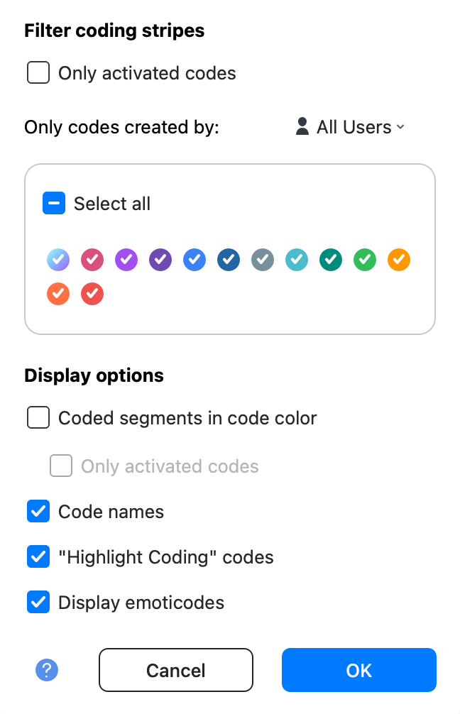 Coding stripe display and filter options Coding stripe display and filter options