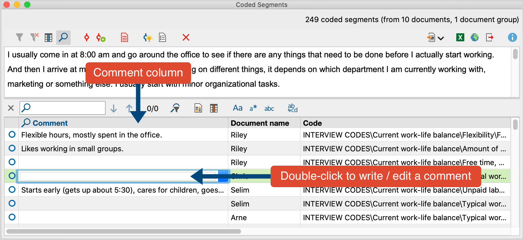 Create, edit and search for comments in the “Overview of Coded Segments“