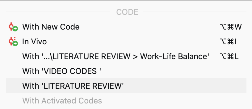 Context menu with coding functions for a selected segment. Context menu with coding functions for a selected segment.