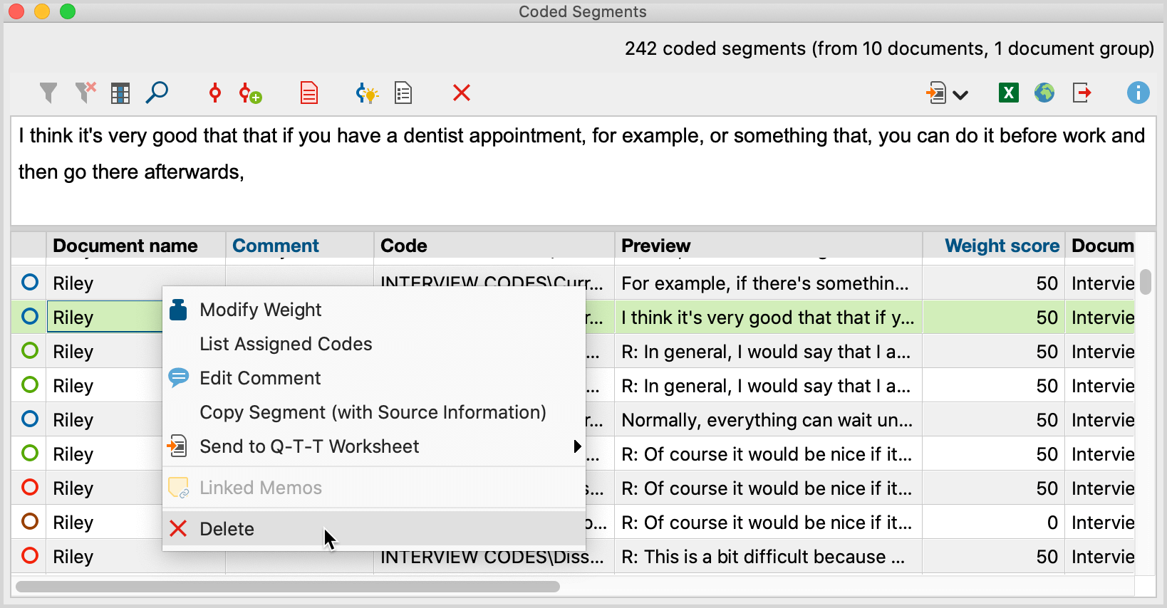 Deleting multiple coded segments in the “Overview of Codes“