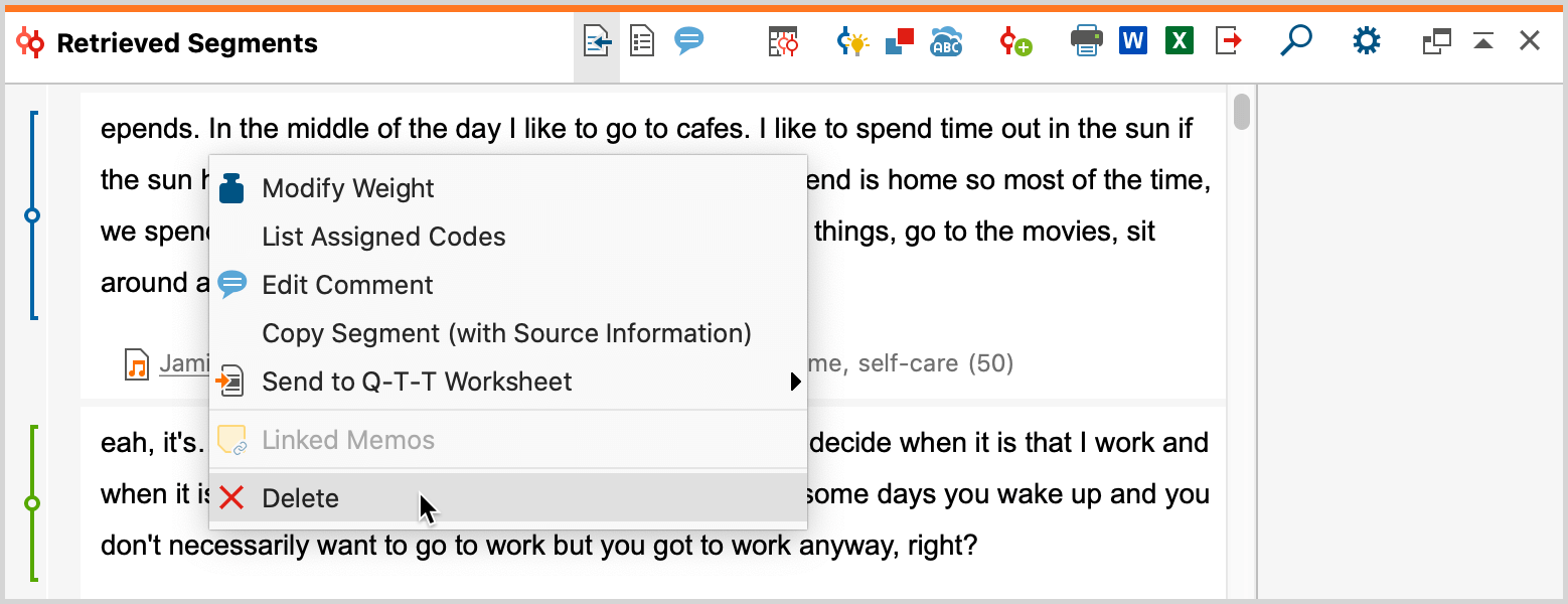 Removing a code assignment in the “Retrieved Segments“ window