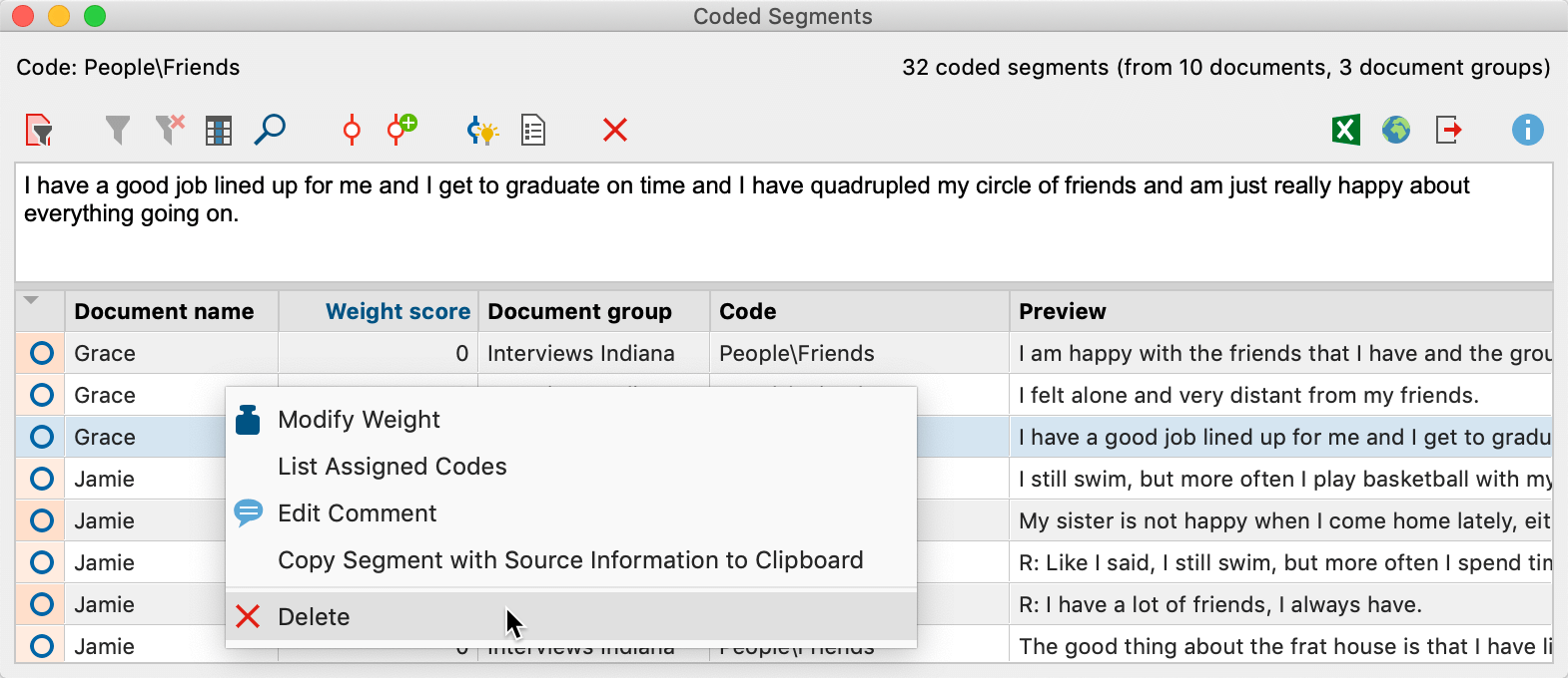 Deleting multiple coded segments in the “Overview of Codes“