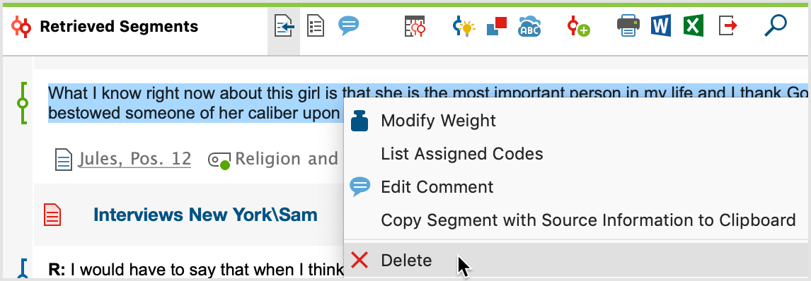 Deleting a coded segment in the “Retrieved Segments” window Deleting a coded segment in the “Retrieved Segments” window